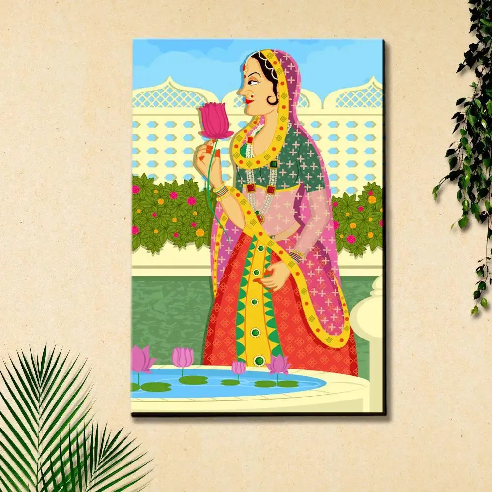 Beautiful Queen at Garden Madhubani Painting /  Canvas Print  Stretched on Wood Bars 61 x 41cm With Frame