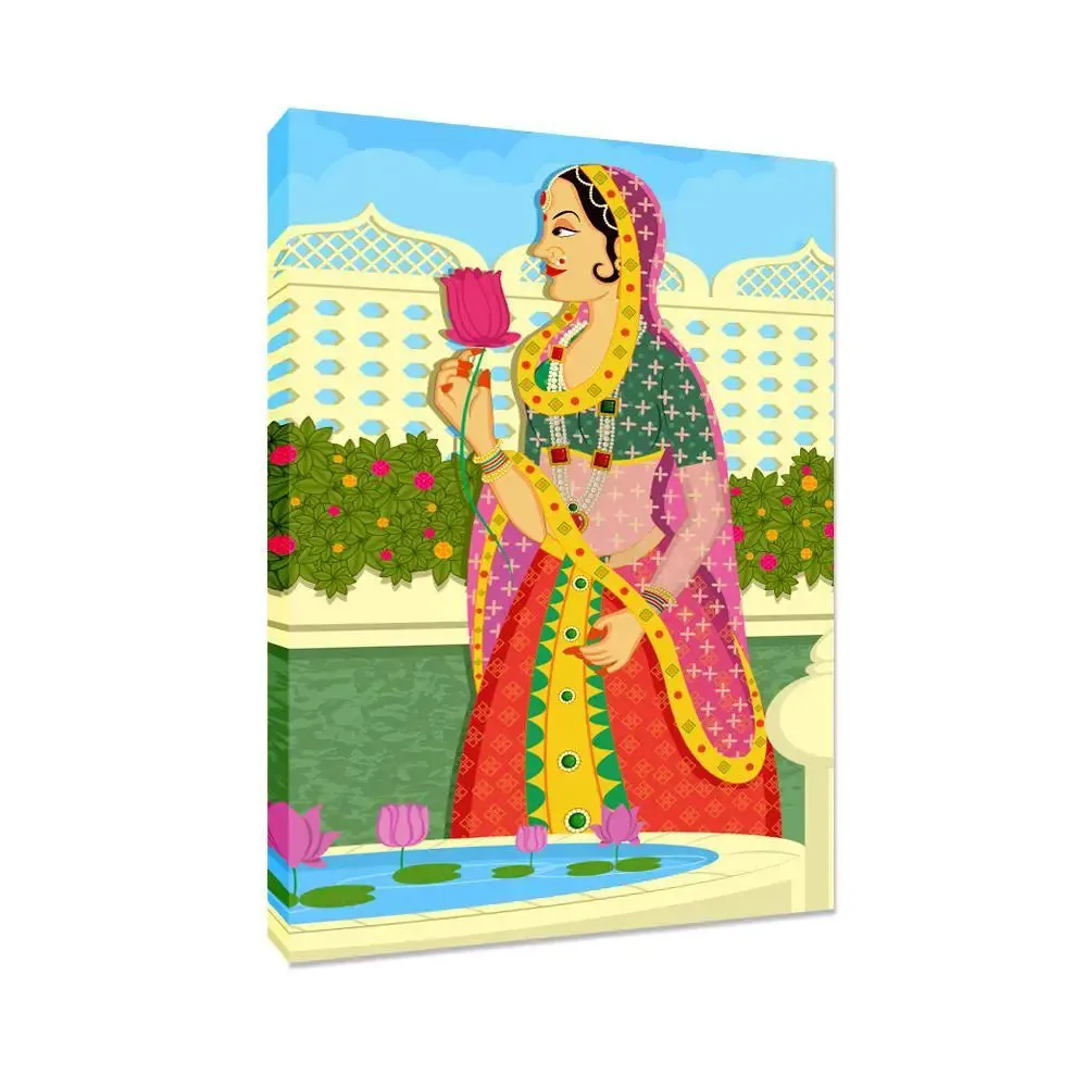 Beautiful Queen at Garden Madhubani Painting /  Canvas Print  Stretched on Wood Bars 61 x 41cm With Frame