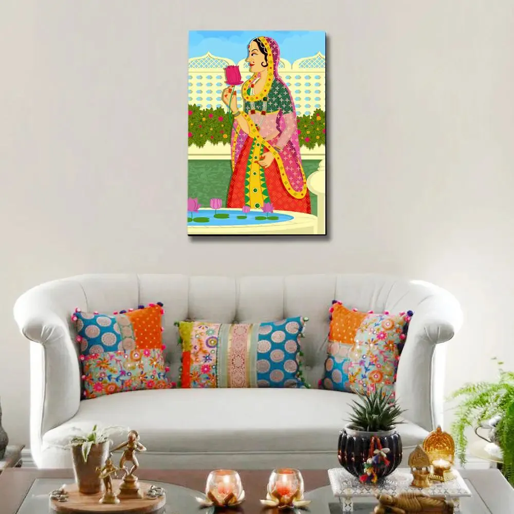 Beautiful Queen at Garden Madhubani Painting /  Canvas Print  Stretched on Wood Bars 61 x 41cm With Frame