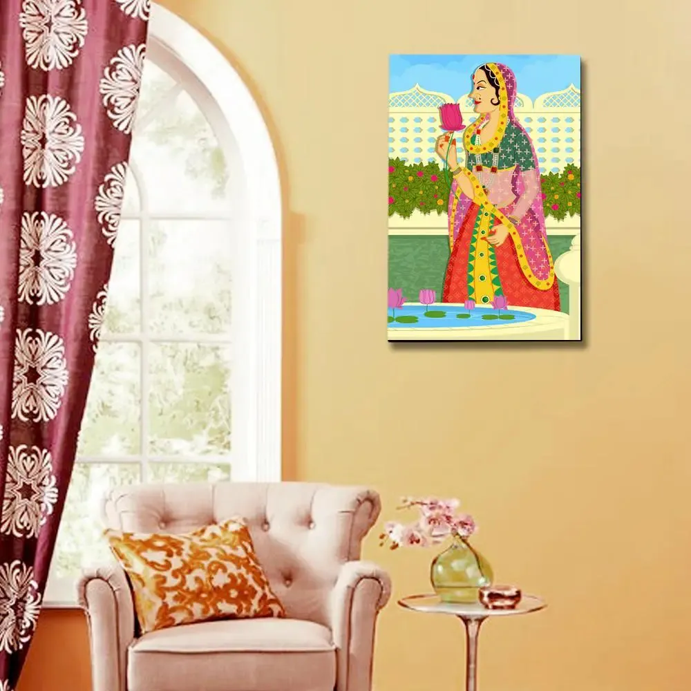 Beautiful Queen at Garden Madhubani Painting /  Canvas Print  Stretched on Wood Bars 61 x 41cm With Frame