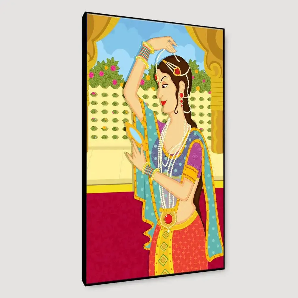 Beautiful Queen Madhubani Painting /  Canvas Print  Stretched on Wood Bars 61 x 41cm With Frame