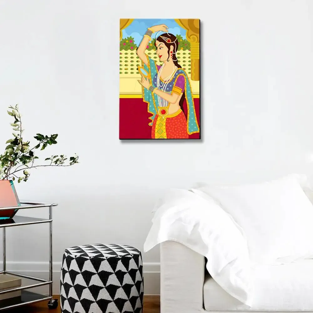 Beautiful Queen Madhubani Painting /  Canvas Print  Stretched on Wood Bars 61 x 41cm With Frame