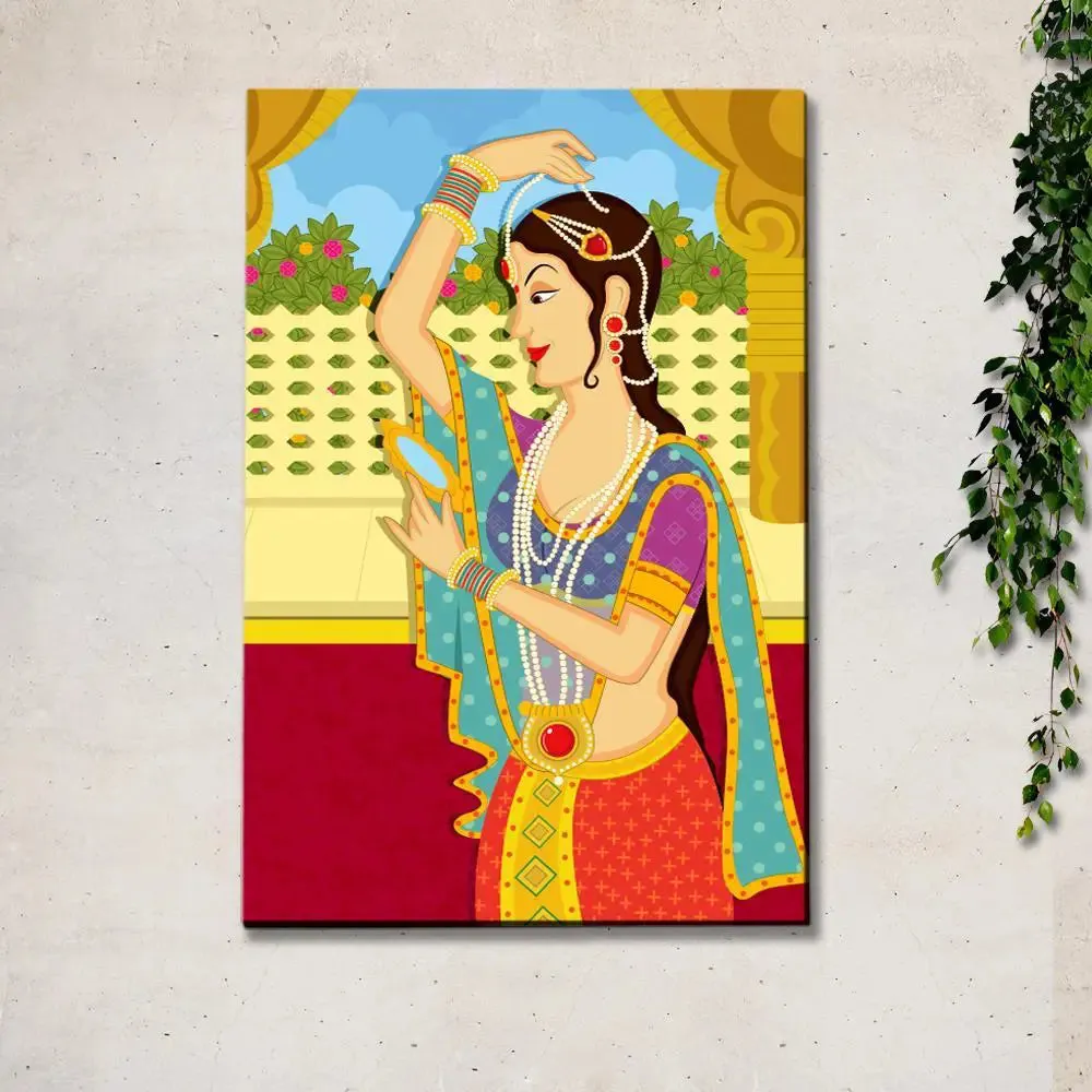 Beautiful Queen Madhubani Painting /  Canvas Print  Stretched on Wood Bars 61 x 41cm With Frame