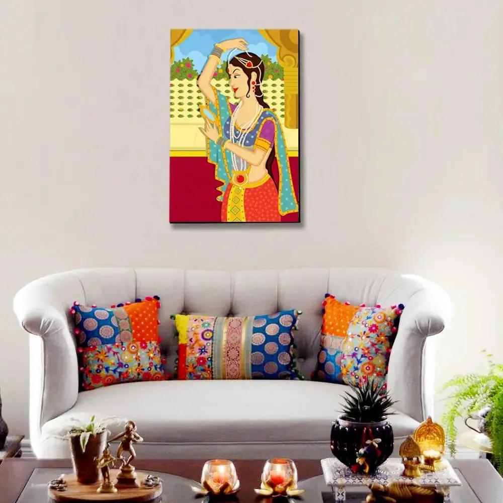 Beautiful Queen Madhubani Painting /  Canvas Print  Stretched on Wood Bars 61 x 41cm With Frame