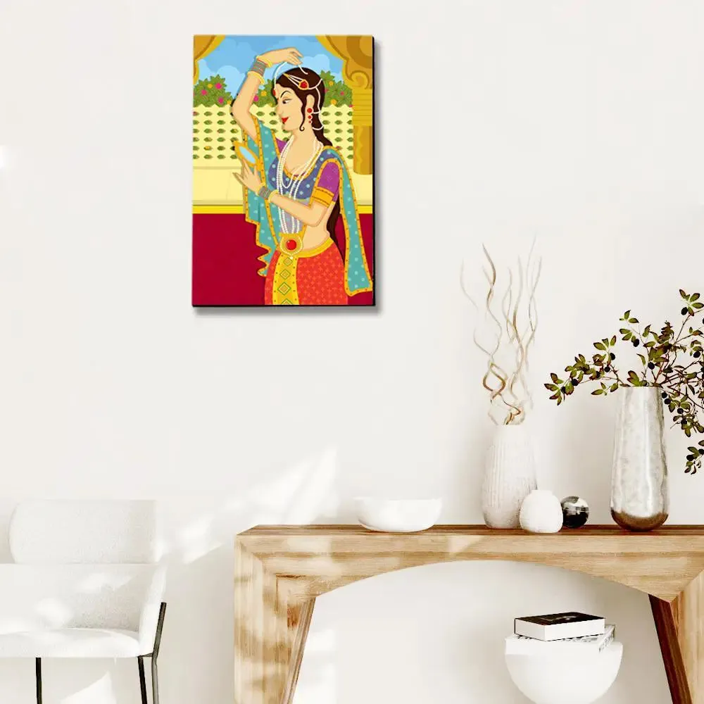 Beautiful Queen Madhubani Painting /  Canvas Print  Stretched on Wood Bars 61 x 41cm With Frame