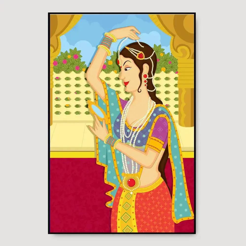 Beautiful Queen Madhubani Painting /  Canvas Print  Stretched on Wood Bars 61 x 41cm With Frame