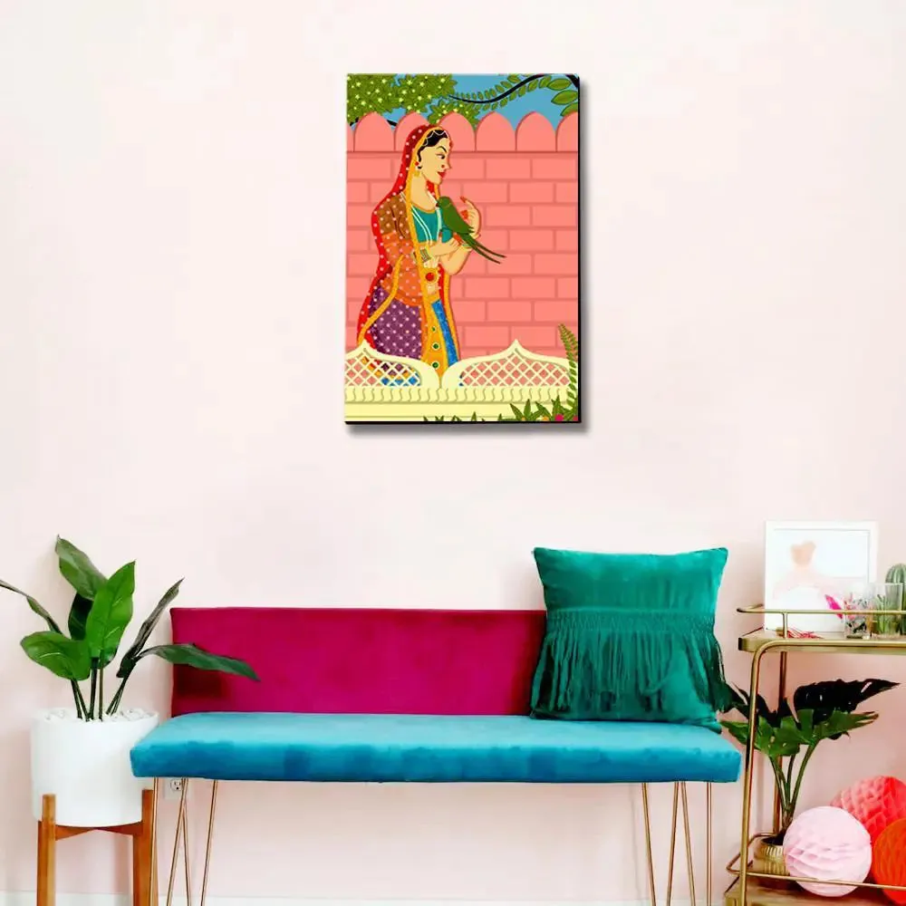 Beautiful Queen With Parrot Madhubani Painting /  Canvas Print  Stretched on Wood Bars 61 x 41cm With Frame