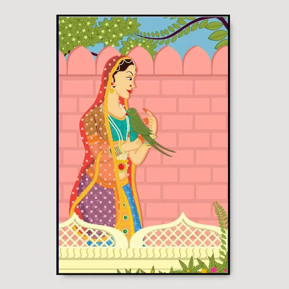 Beautiful Queen With Parrot Madhubani Painting /  Canvas Print  Stretched on Wood Bars 61 x 41cm With Frame