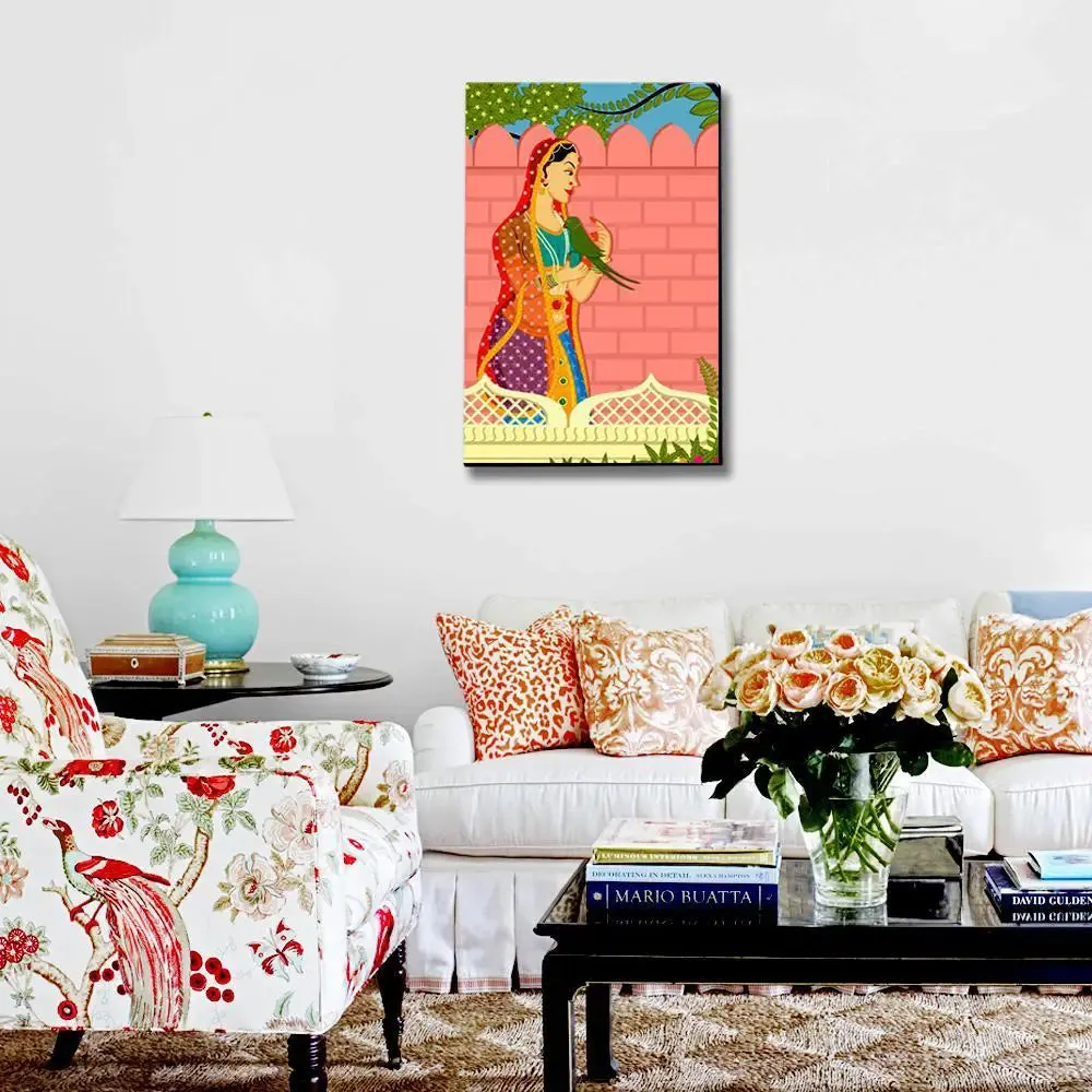 Beautiful Queen With Parrot Madhubani Painting /  Canvas Print  Stretched on Wood Bars 61 x 41cm With Frame