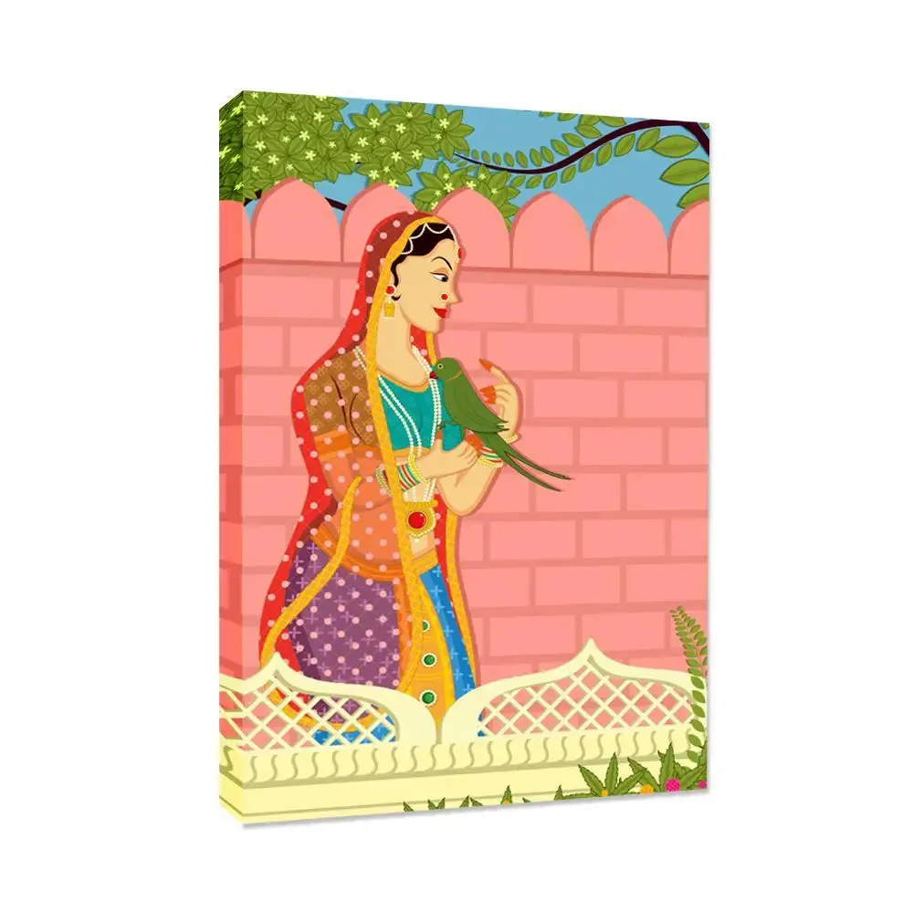 Beautiful Queen With Parrot Madhubani Painting /  Canvas Print  Stretched on Wood Bars 61 x 41cm With Frame