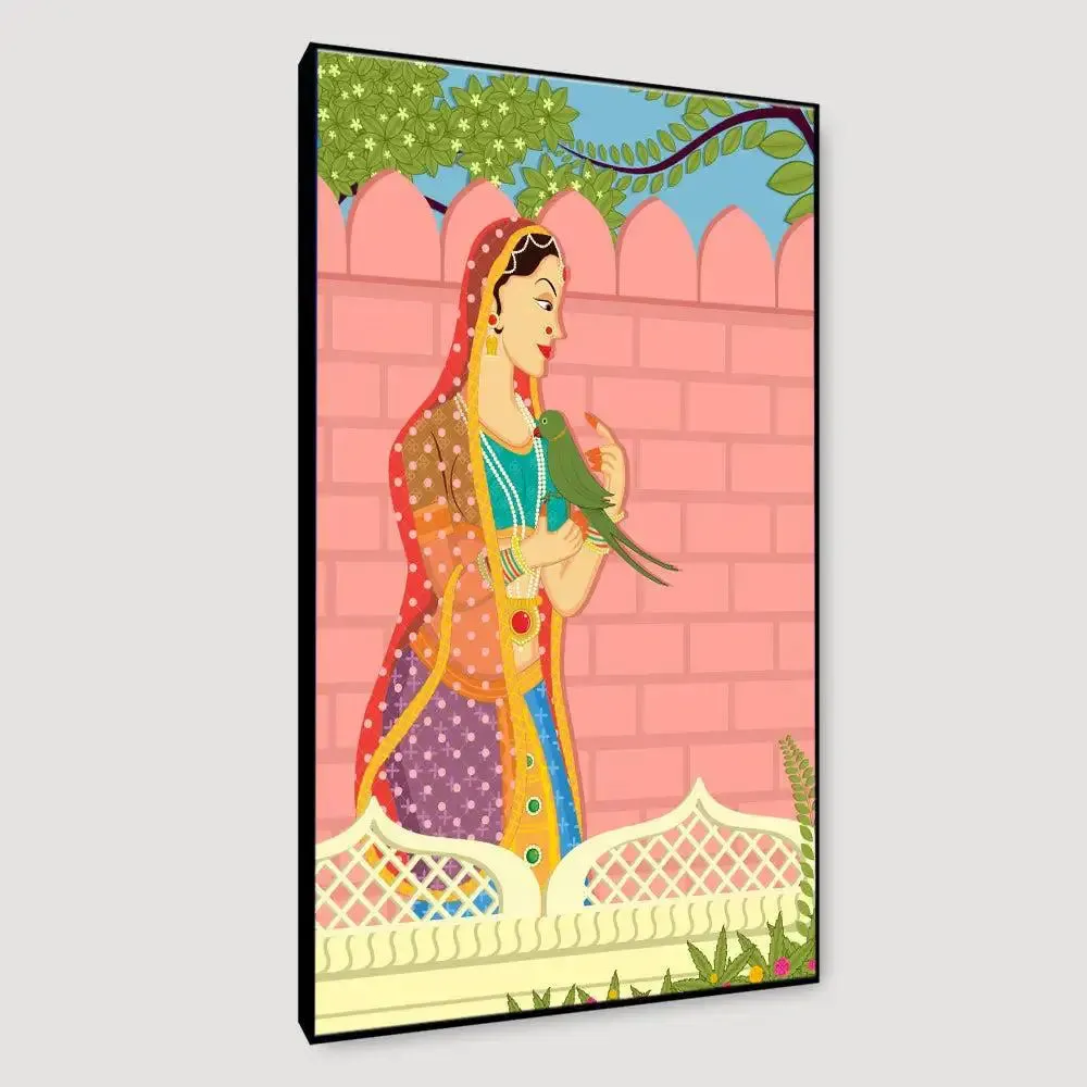 Beautiful Queen With Parrot Madhubani Painting /  Canvas Print  Stretched on Wood Bars 61 x 41cm With Frame