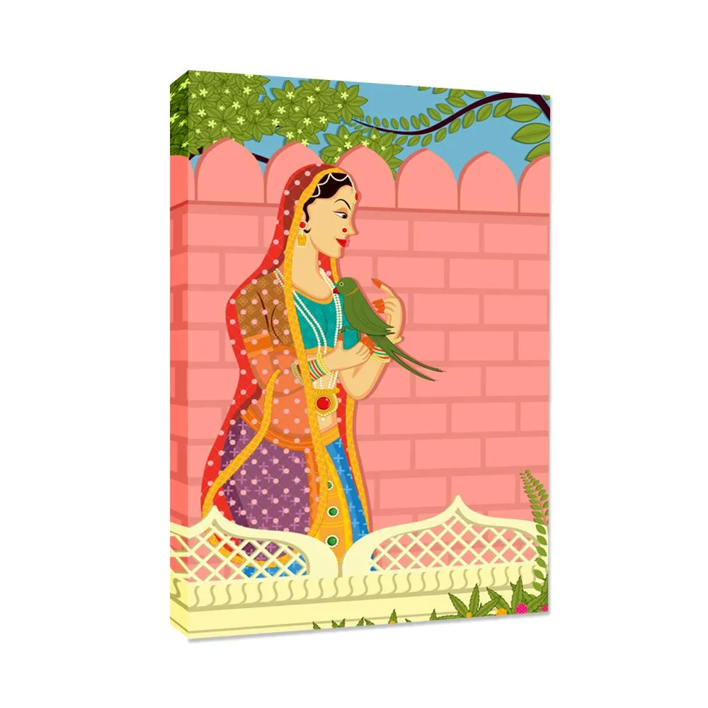Beautiful Queen With Parrot Madhubani Painting /  Canvas Print  Stretched on Wood Bars 61 x 41cm With Frame