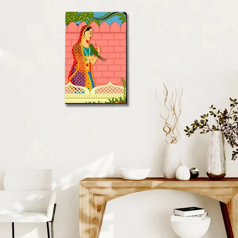 Beautiful Queen With Parrot Madhubani Painting /  Canvas Print  Stretched on Wood Bars 61 x 41cm With Frame