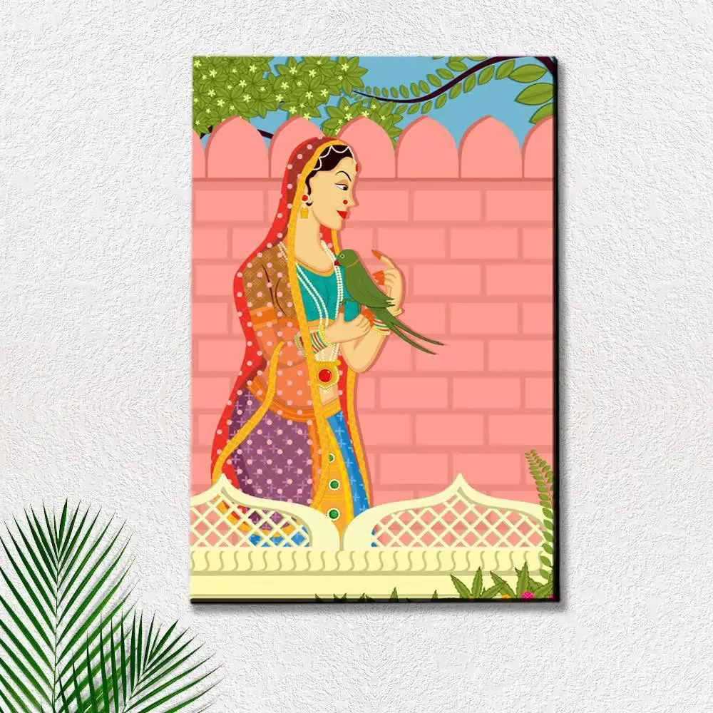 Beautiful Queen With Parrot Madhubani Painting /  Canvas Print  Stretched on Wood Bars 61 x 41cm With Frame
