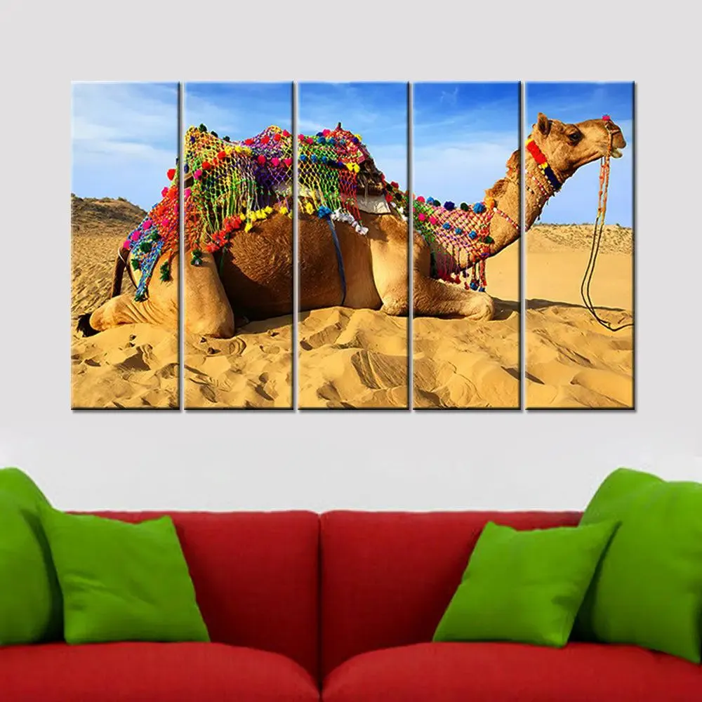 Beautiful Rajasthani camel Canvas Printed Painting 5 Pieces Wall Painting with Wooden Framed