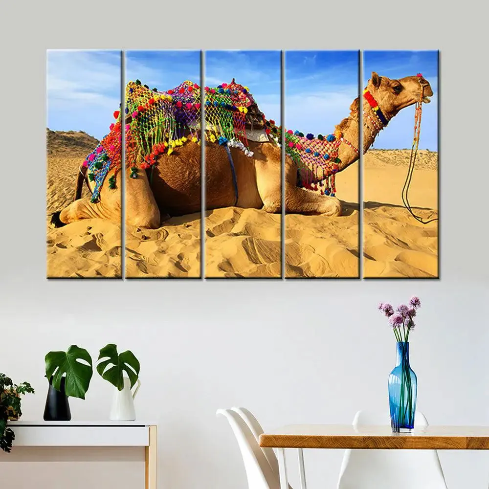 Beautiful Rajasthani camel Canvas Printed Painting 5 Pieces Wall Painting with Wooden Framed
