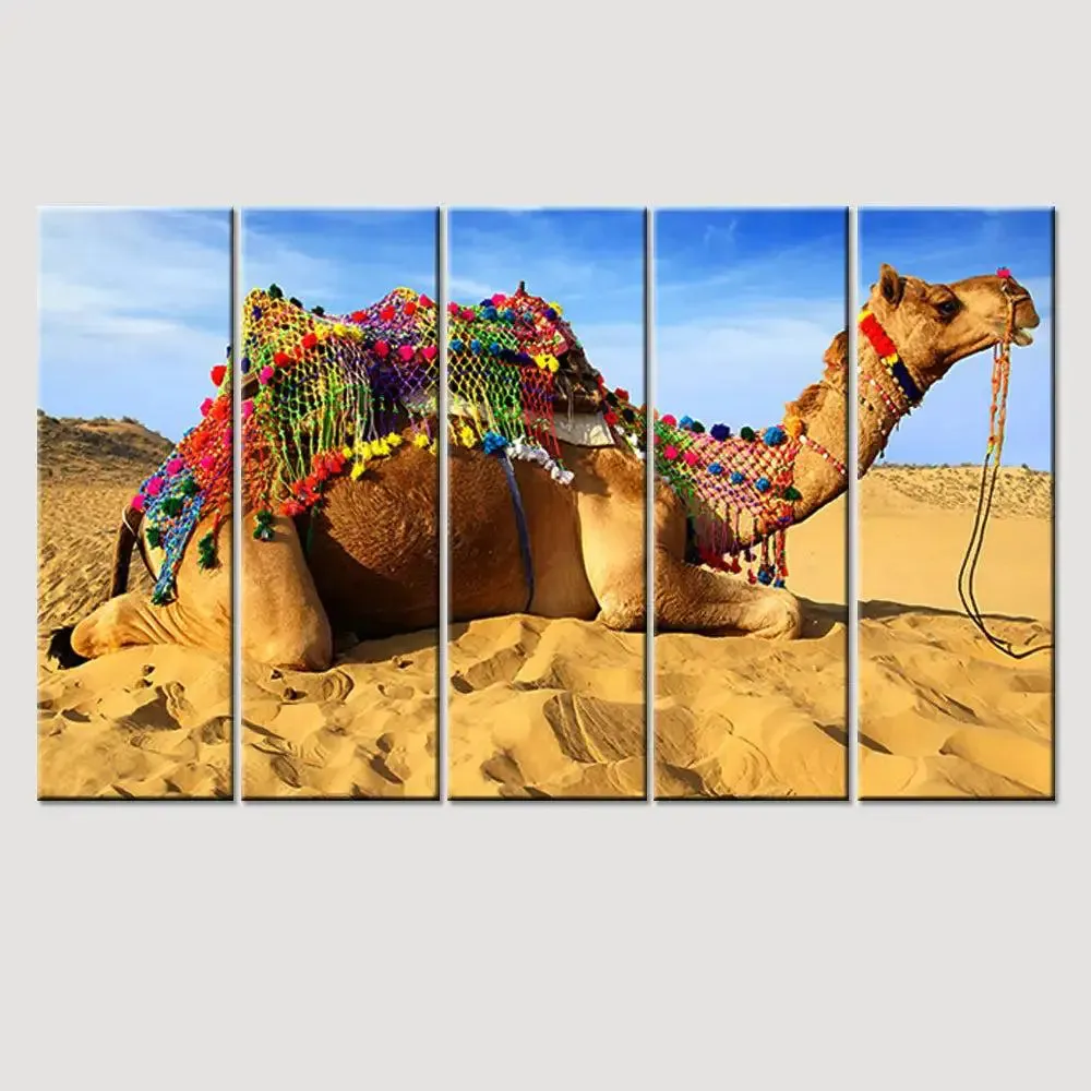 Beautiful Rajasthani camel Canvas Printed Painting 5 Pieces Wall Painting with Wooden Framed