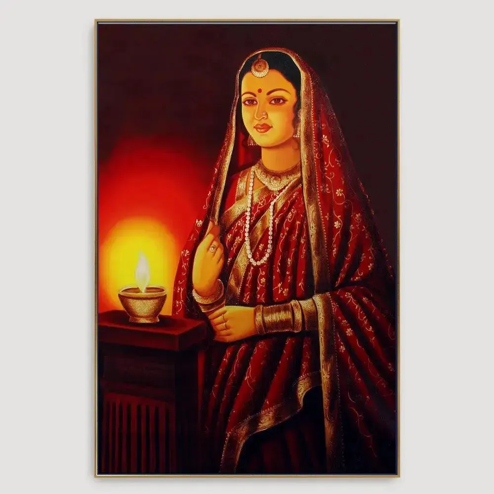 Beautiful Rajasthani Lady Painting / Canvas Printed Painting  Stretched on Wooden Bars With Frame
