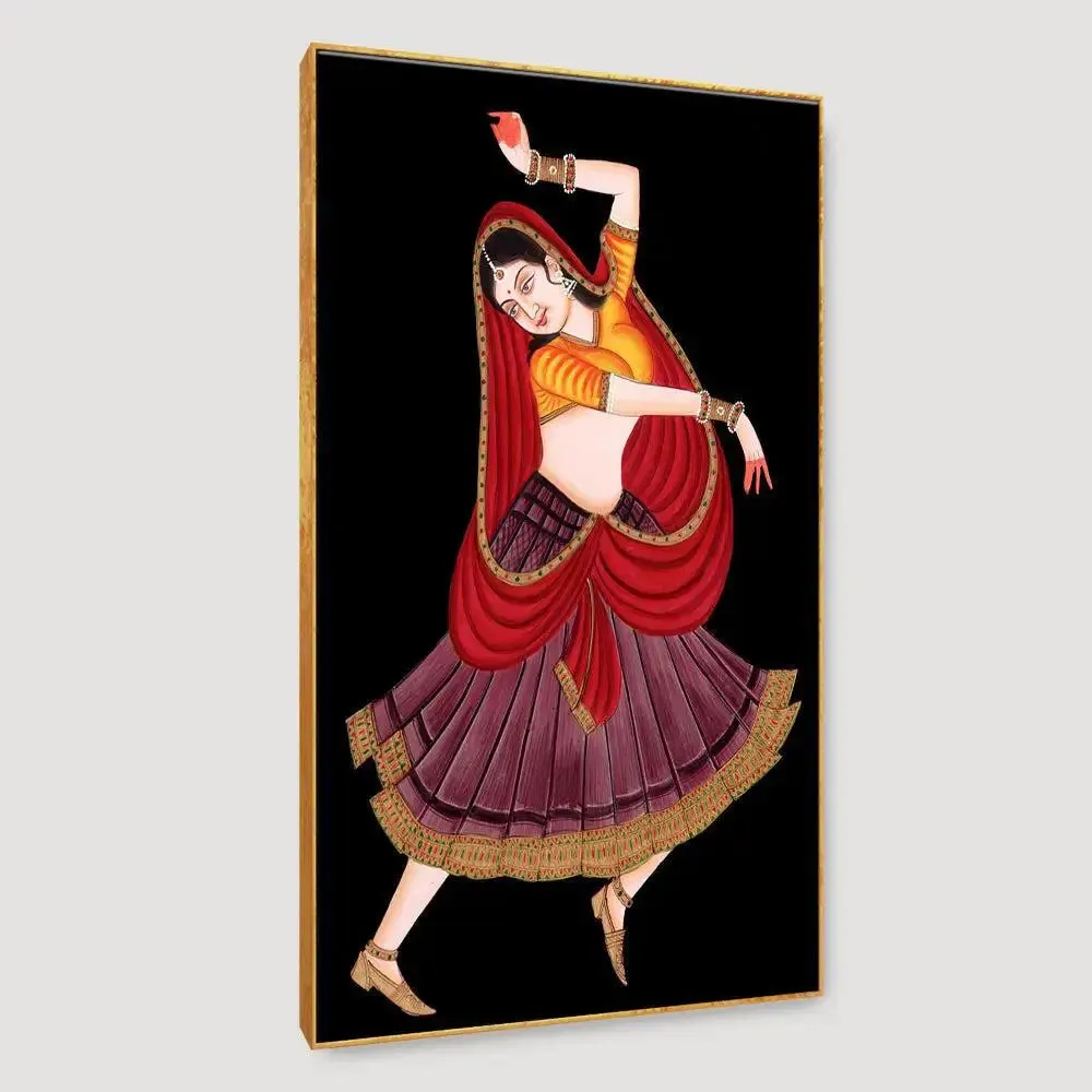 Beautiful Rajasthani Lady Painting in Dancing Pose/ Canvas Printed 1 Piece  Stretched on Wooden Bars With Frame