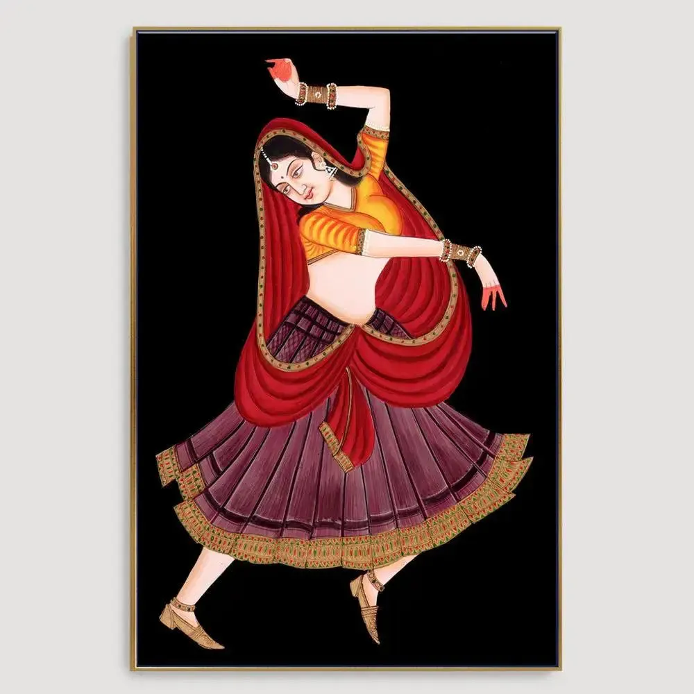 Beautiful Rajasthani Lady Painting in Dancing Pose/ Canvas Printed 1 Piece  Stretched on Wooden Bars With Frame