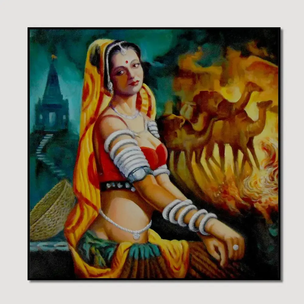 Beautiful Rajasthani Lady with camel Canvas Printed  1 Pieces  with Wooden Framed With Frame