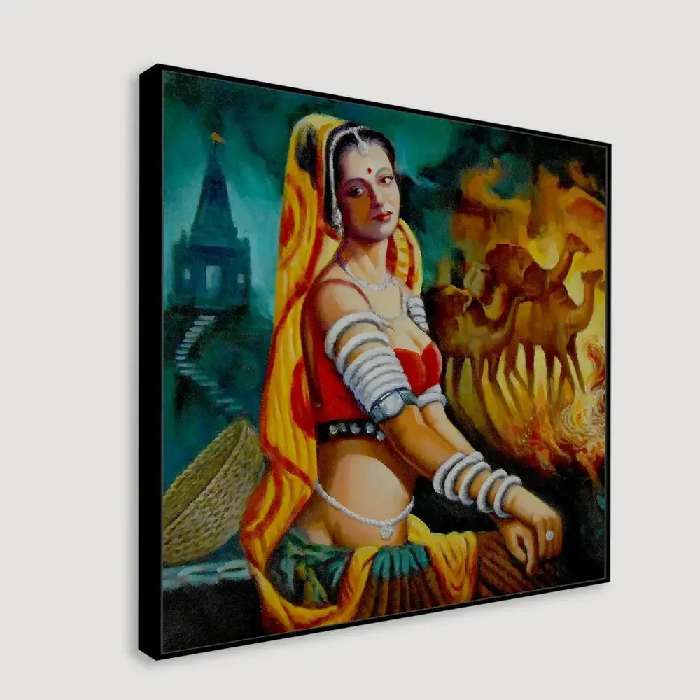 Beautiful Rajasthani Lady with camel Canvas Printed  1 Pieces  with Wooden Framed With Frame