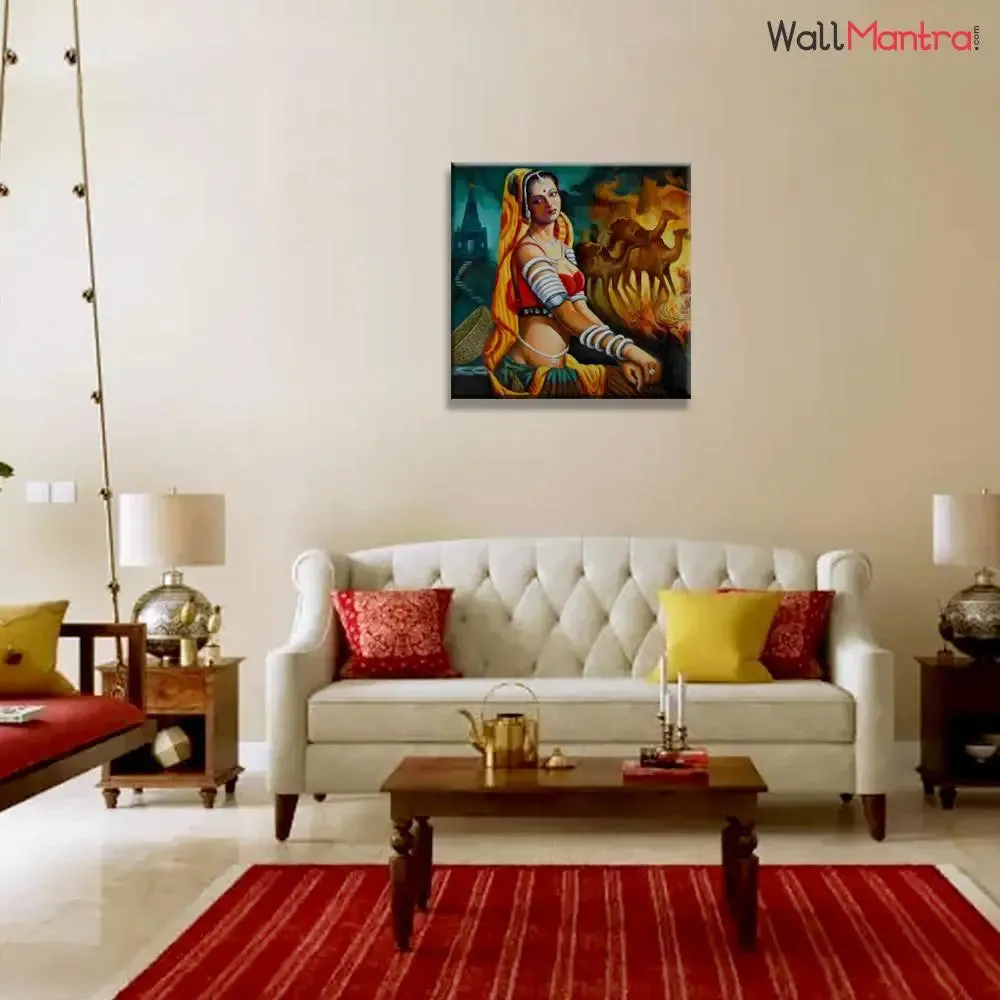 Beautiful Rajasthani Lady with camel Canvas Printed  1 Pieces  with Wooden Framed With Frame