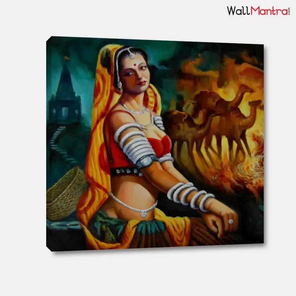 Beautiful Rajasthani Lady with camel Canvas Printed  1 Pieces  with Wooden Framed With Frame