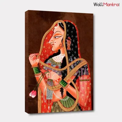 Beautiful Rajasthani Painting Ethnic Dress Canvas Printed Wall on Wooden Bars