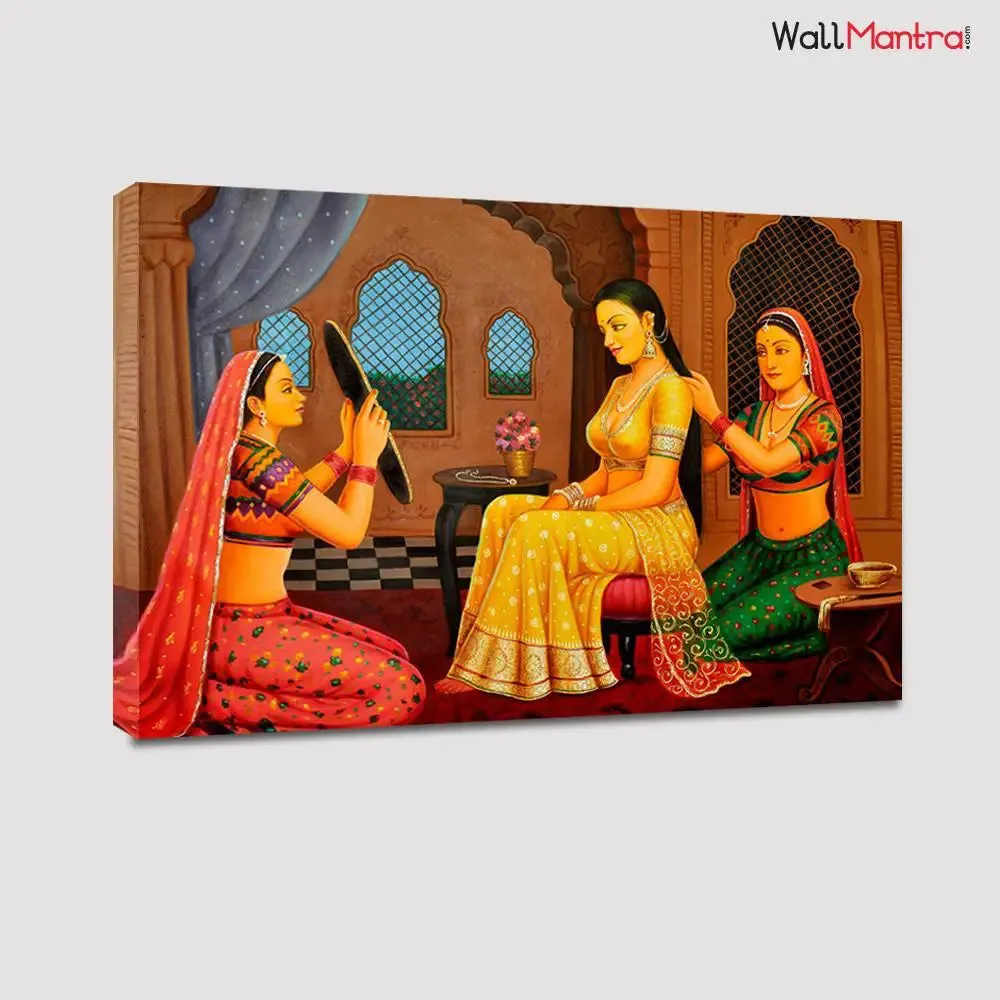 Beautiful Rajasthani Painting Queen In Room Painting Canvas Printed on Wooden Bars