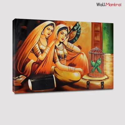 Beautiful Rajasthani Painting- Two Women Canvas Printed Wall  on Wooden Bars