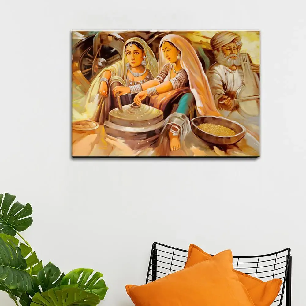 Beautiful Rajasthani Painting -Two Working Village Woman Canvas on Wooden Framed With Frame