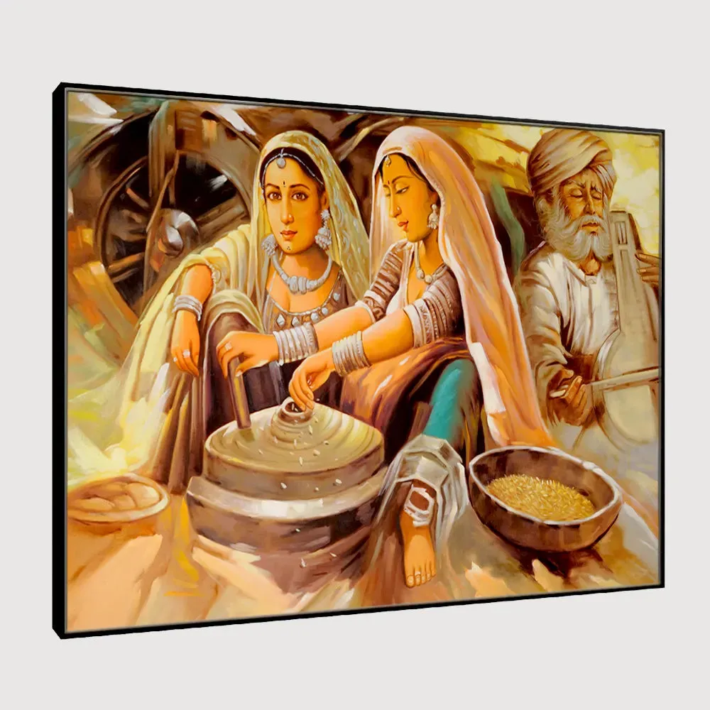 Beautiful Rajasthani Painting -Two Working Village Woman Canvas on Wooden Framed With Frame
