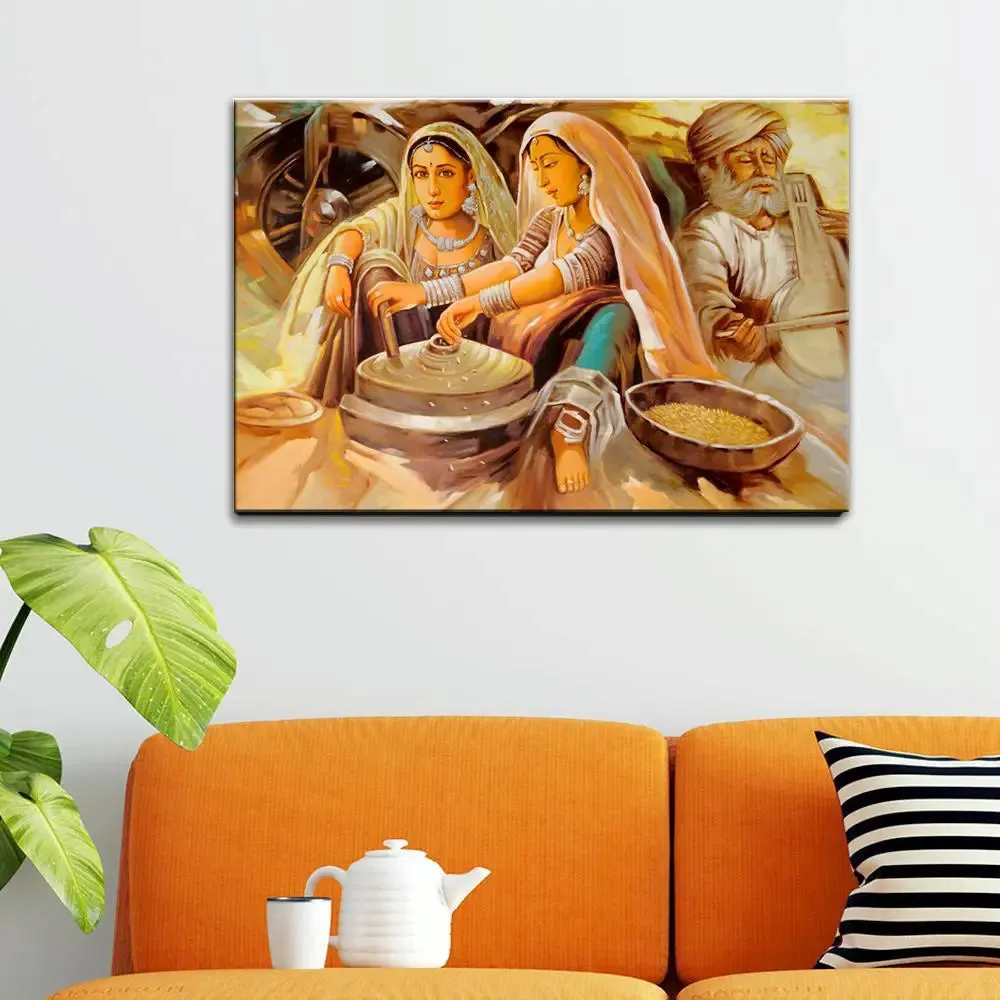 Beautiful Rajasthani Painting -Two Working Village Woman Canvas on Wooden Framed With Frame