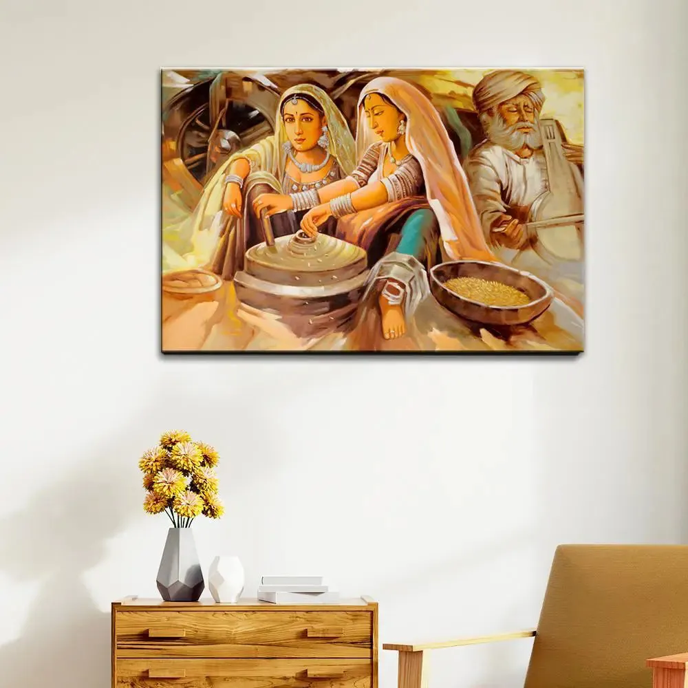 Beautiful Rajasthani Painting -Two Working Village Woman Canvas on Wooden Framed With Frame