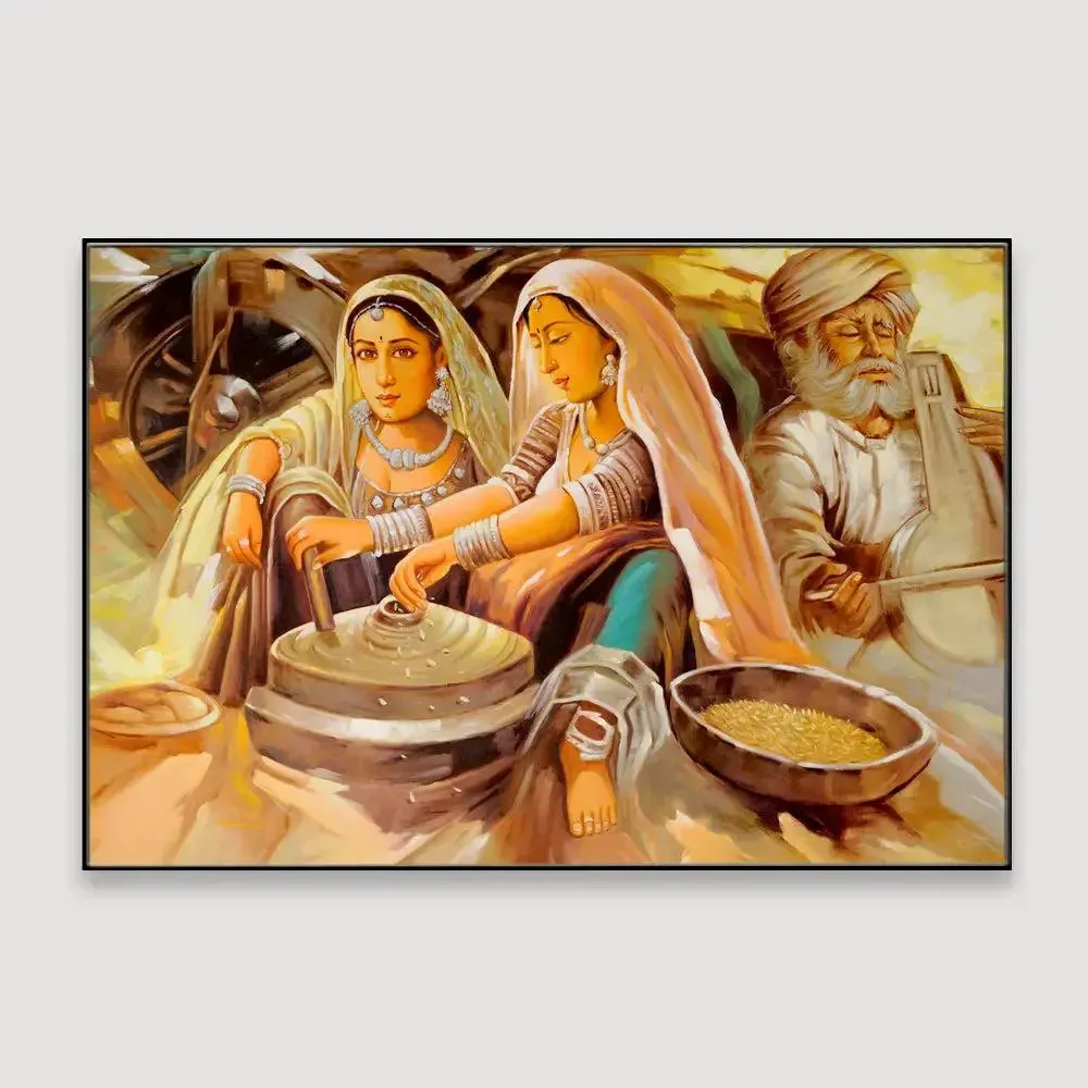 Beautiful Rajasthani Painting -Two Working Village Woman Canvas on Wooden Framed With Frame