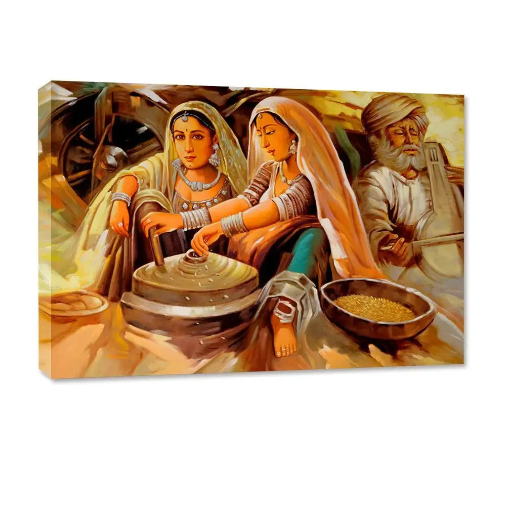 Beautiful Rajasthani Painting -Two Working Village Woman Canvas on Wooden Framed With Frame