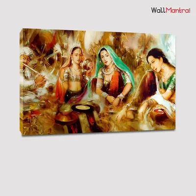 Beautiful Rajasthani Painting- Village Man or Women Canvas Wall on Wooden Bars