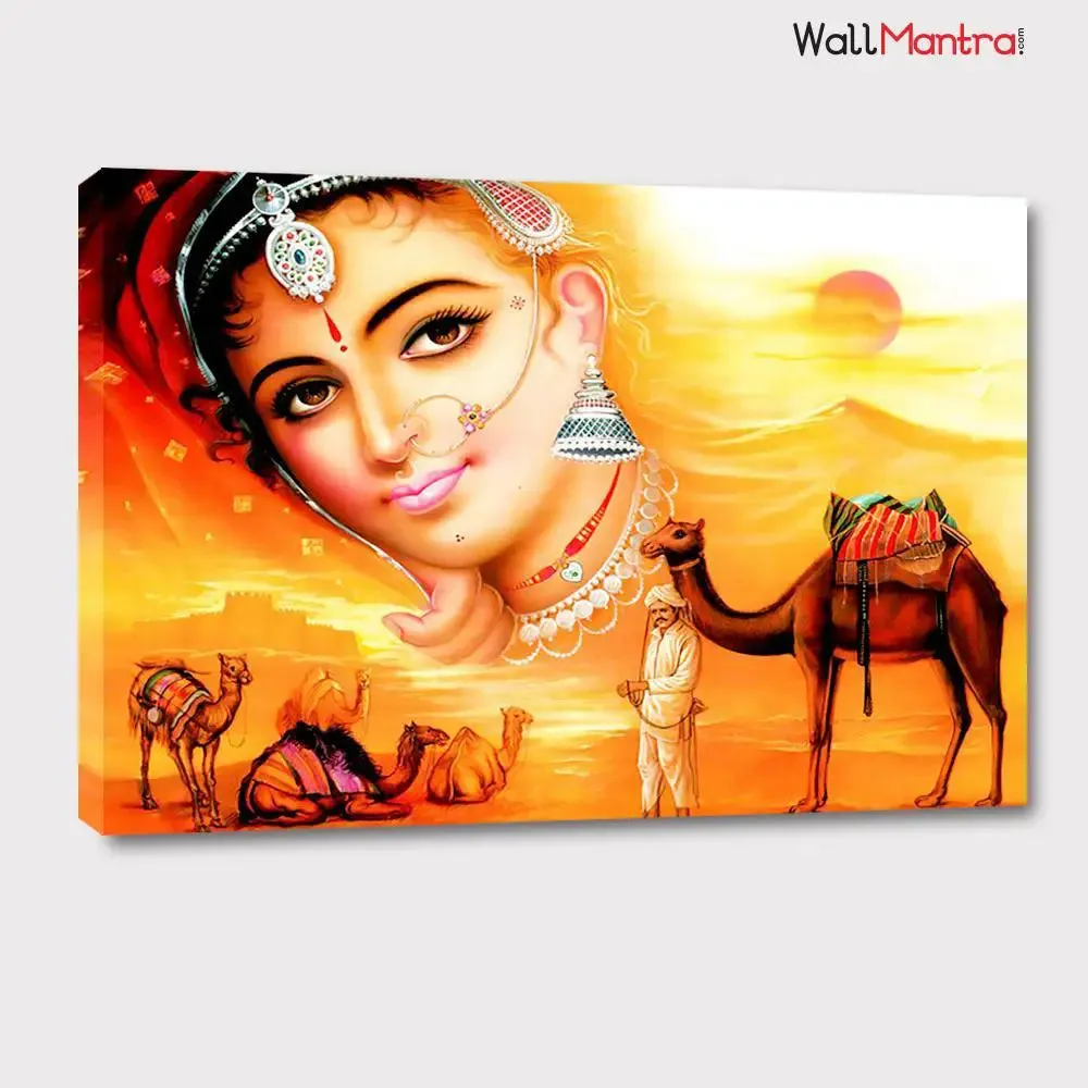 Beautiful Rajasthani Scenery Painting Canvas Wall on Wooden Bars