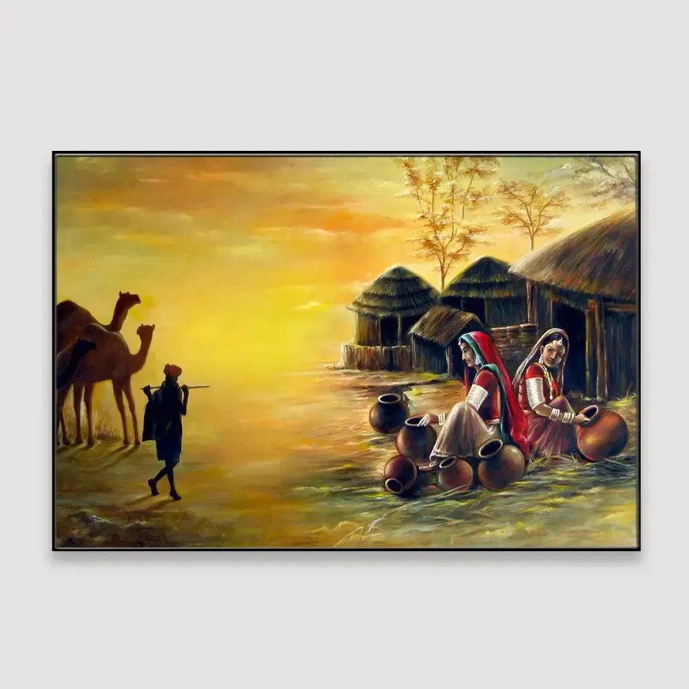 Beautiful Rajasthani Village Painting Canvas Printed Painting Wall on Wooden Bars With Frame