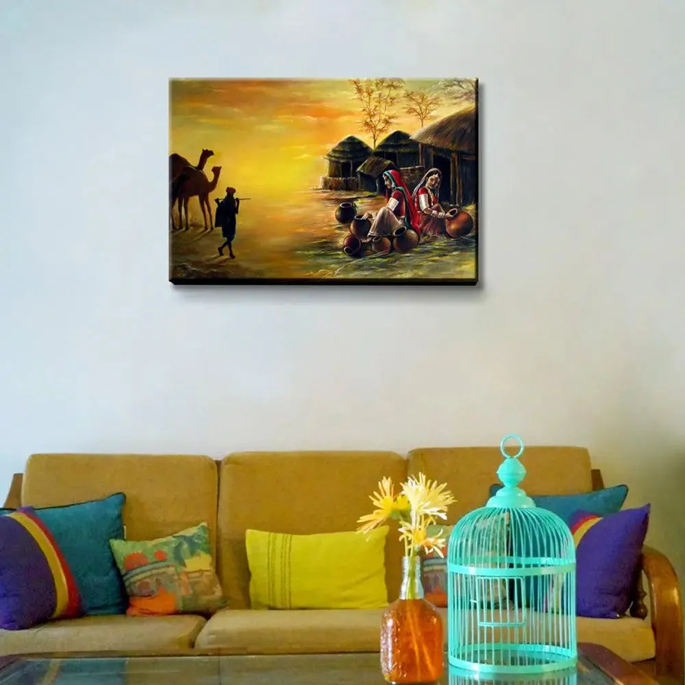 Beautiful Rajasthani Village Painting Canvas Printed Painting Wall on Wooden Bars With Frame