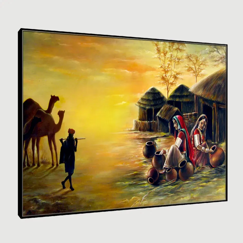 Beautiful Rajasthani Village Painting Canvas Printed Painting Wall on Wooden Bars With Frame