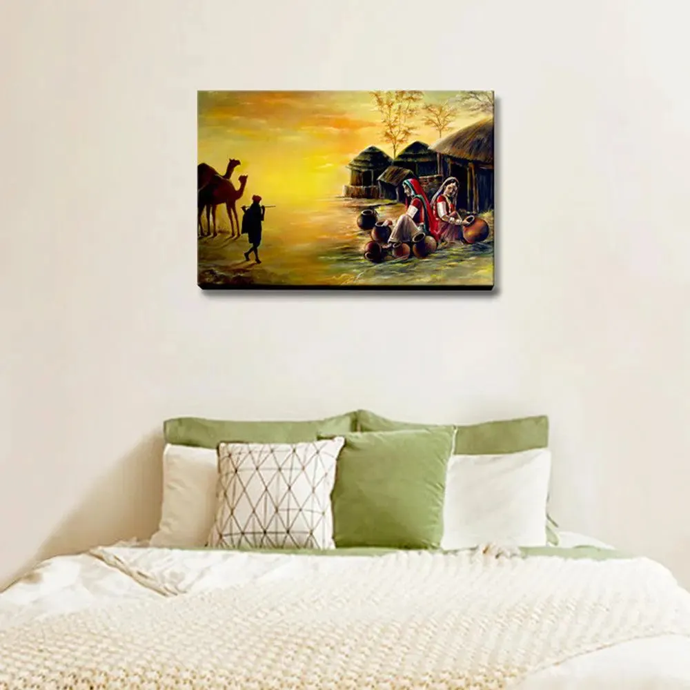 Beautiful Rajasthani Village Painting Canvas Printed Painting Wall on Wooden Bars With Frame
