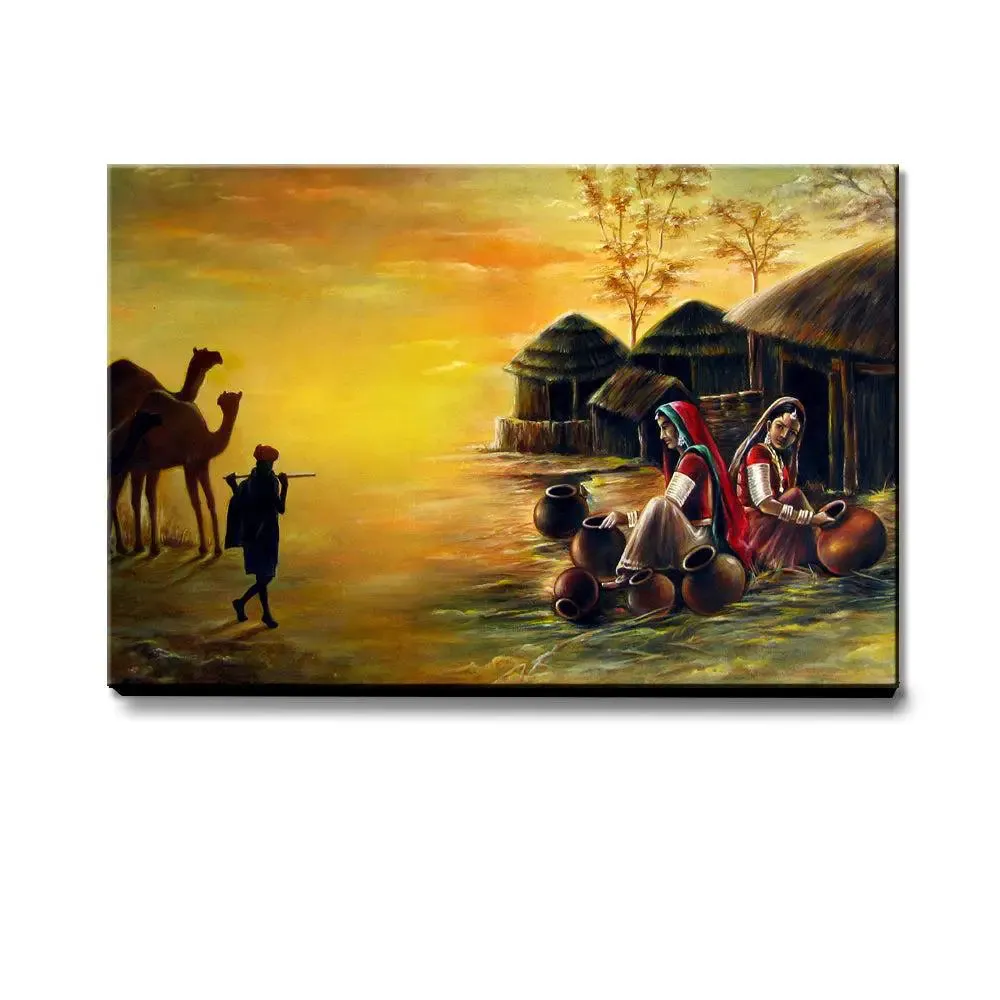 Beautiful Rajasthani Village Painting Canvas Printed Painting Wall on Wooden Bars With Frame