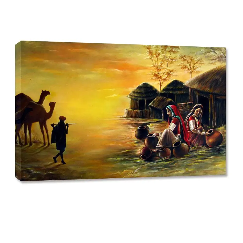 Beautiful Rajasthani Village Painting Canvas Printed Painting Wall on Wooden Bars With Frame