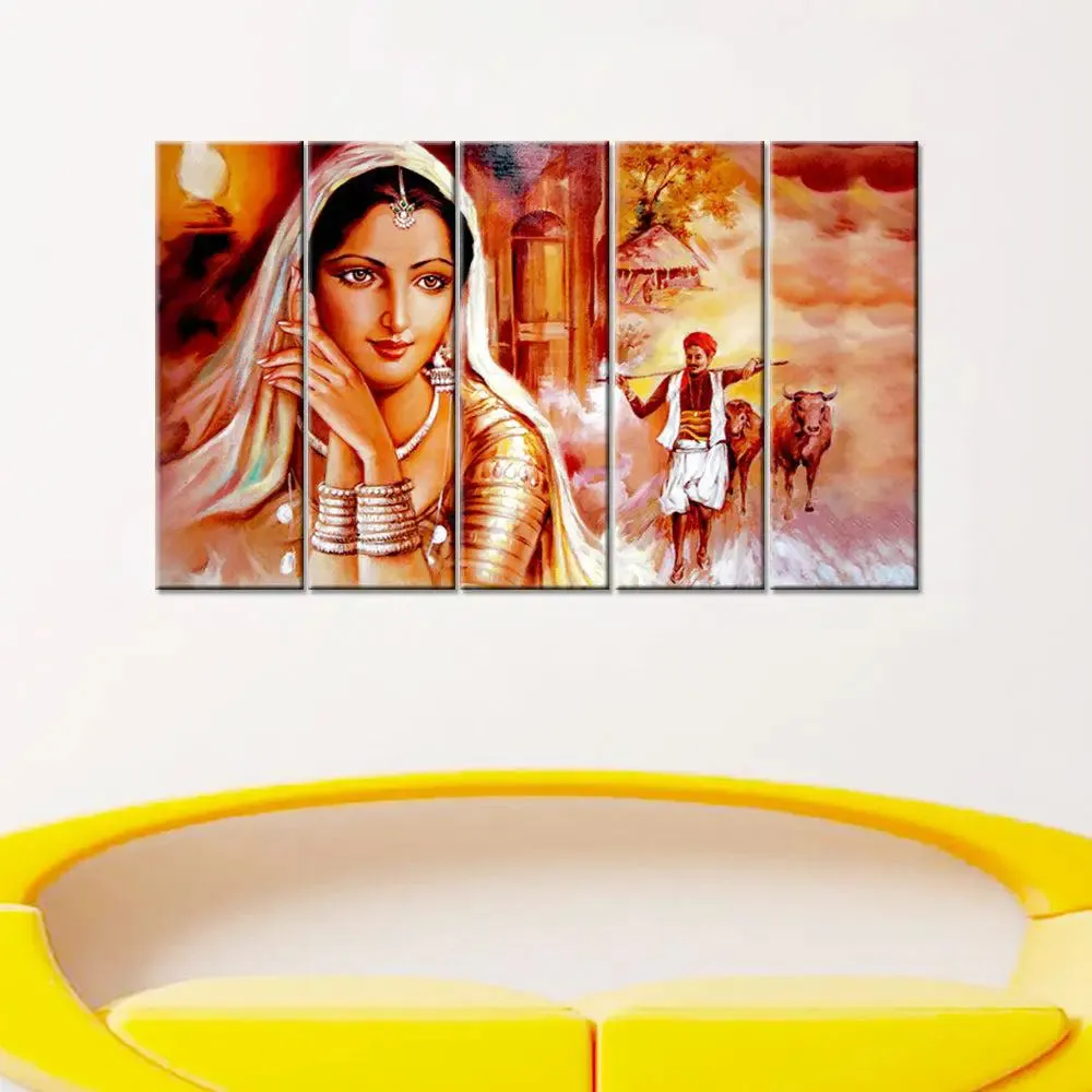 Beautiful Rajasthani woman Canvas Printed Painting 5 Pieces Wall Painting with Wooden Framed