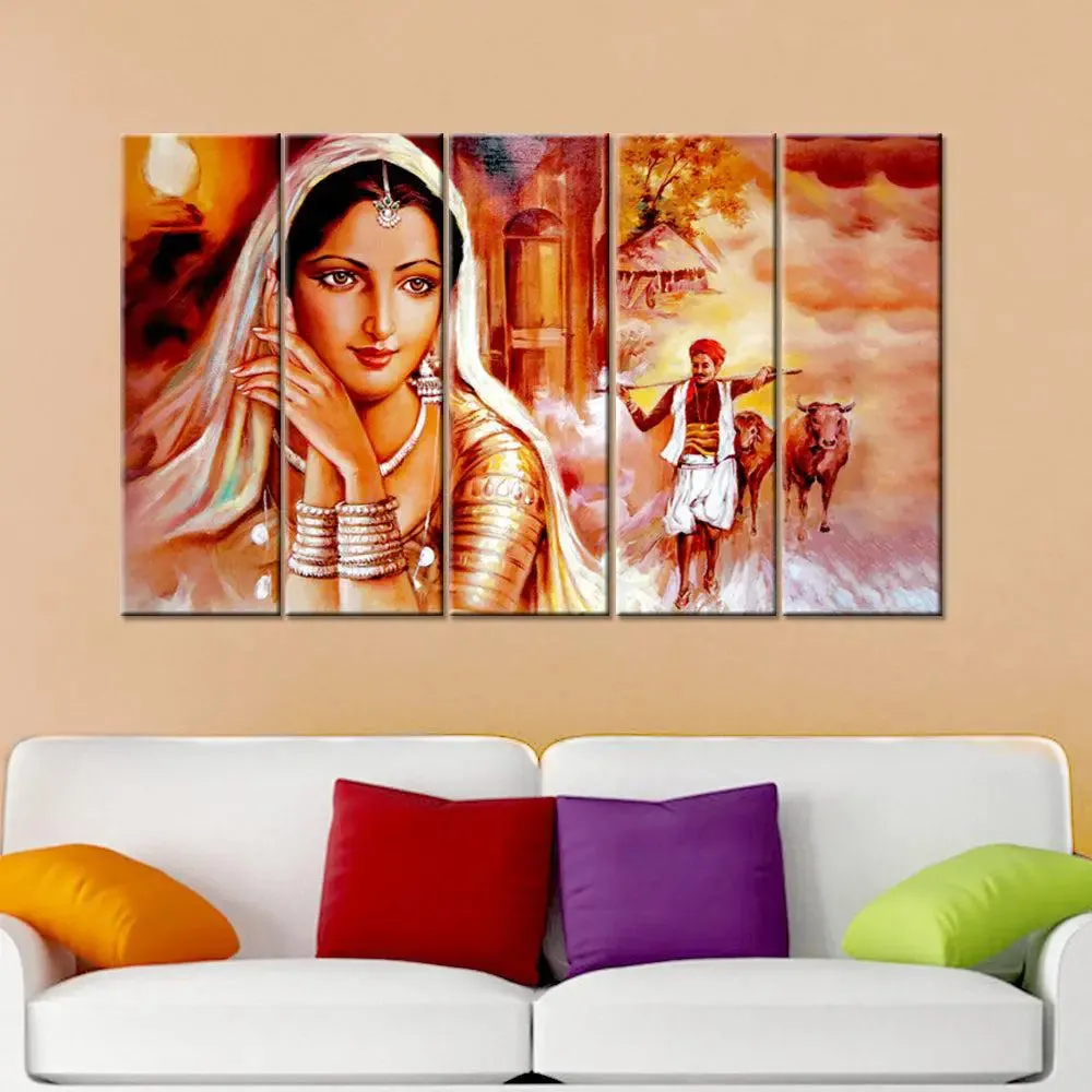 Beautiful Rajasthani woman Canvas Printed Painting 5 Pieces Wall Painting with Wooden Framed