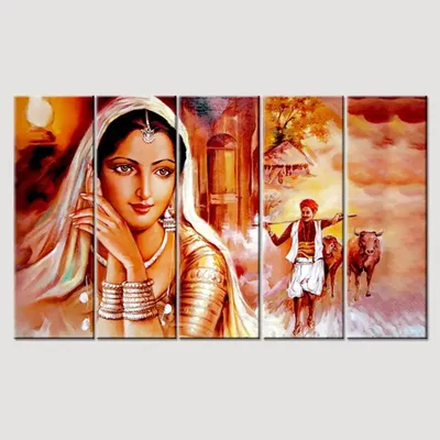 Beautiful Rajasthani woman Canvas Printed Painting 5 Pieces Wall Painting with Wooden Framed