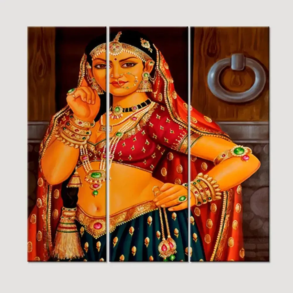 Beautiful Rajasthani women Canvas Printed Painting 3 Pieces Wall Painting with Wooden Framed