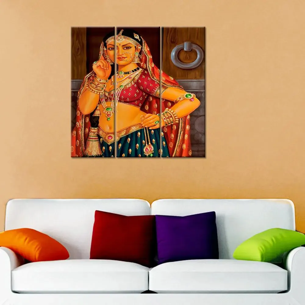 Beautiful Rajasthani women Canvas Printed Painting 3 Pieces Wall Painting with Wooden Framed
